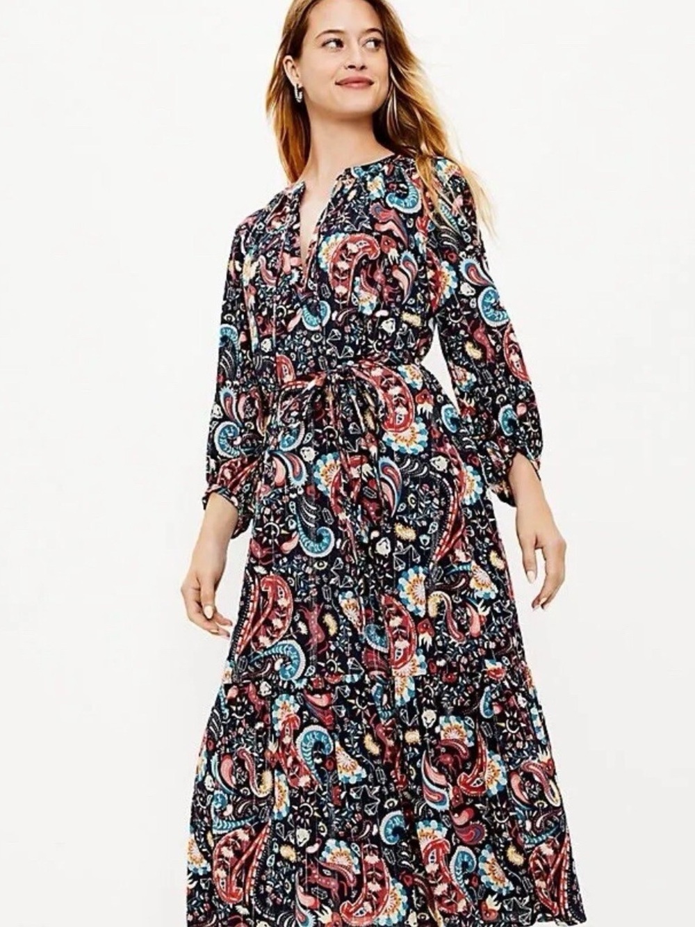 LOFT Mystic Print Metallic Maxi Dress XS Tall Navy Rainbow Unicorn Paisley